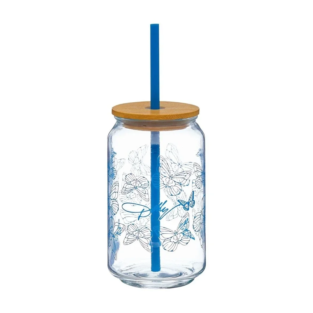 Dolly Parton Blue Butterfly NEW Glass Can Tumbler with Bamboo Lid and Straw 16oz